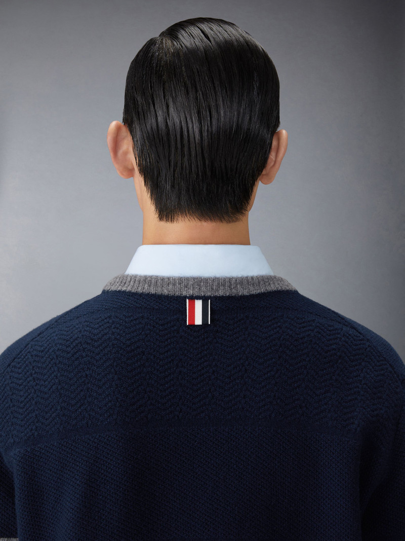 Merino 모직 4바 Textured 럭비 줄무늬 대원 목 Pullover 3