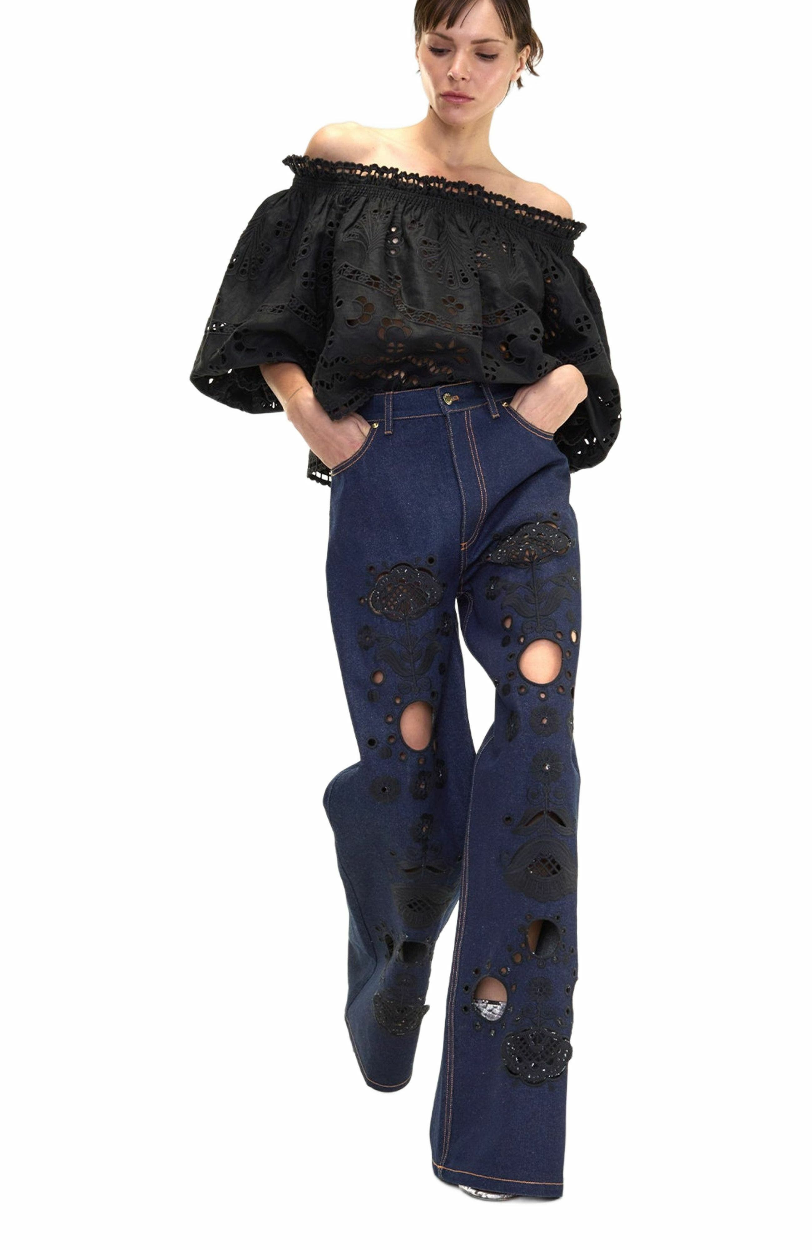 Cynthia Rowley Embroidered Wide-leg Jean in Navy/black at Nordstrom - 7