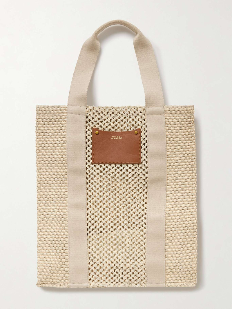 Puebla leather and twill-trimmed striped straw tote 1