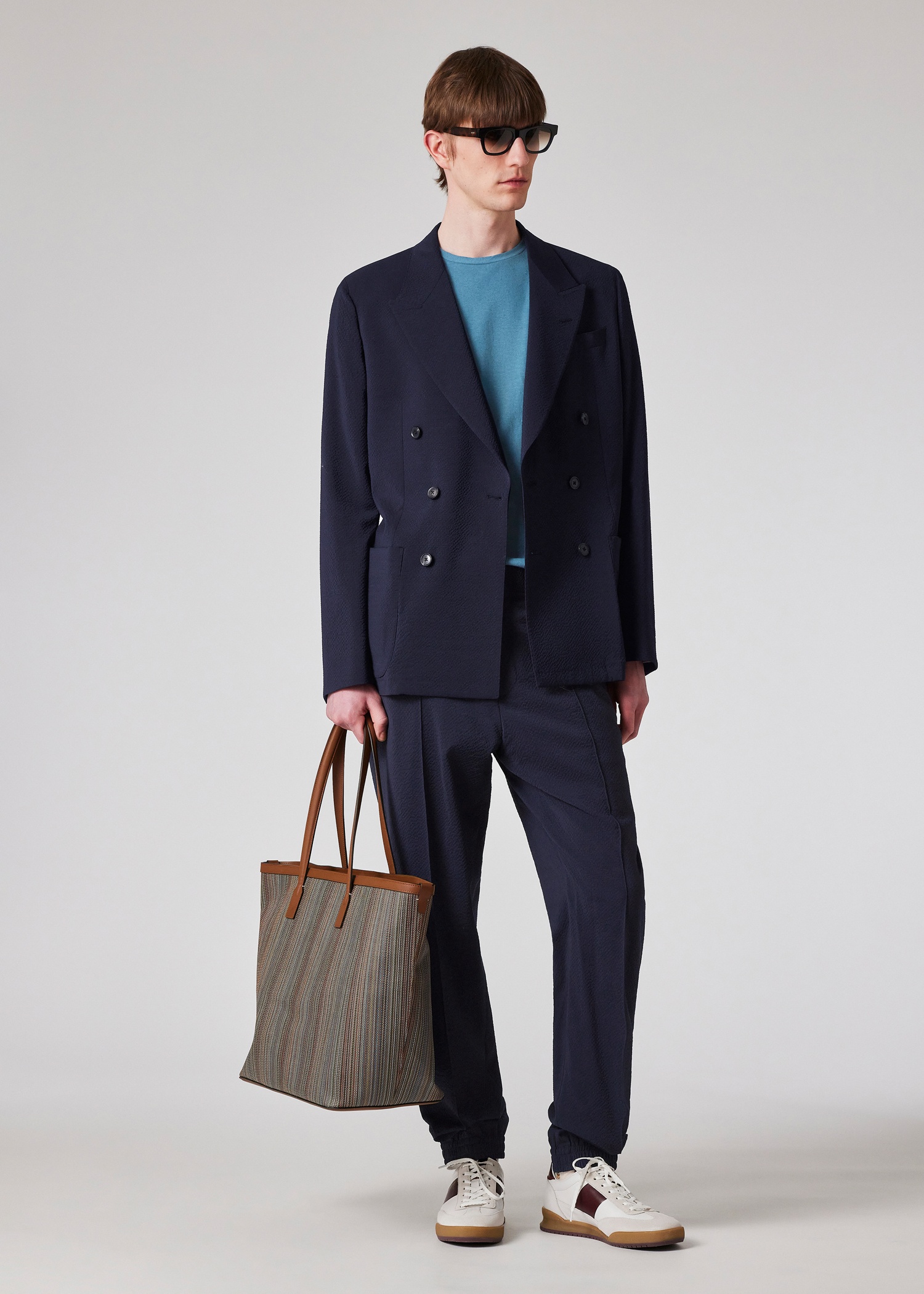Dark Navy Seersucker Double-Breasted Blazer - 6