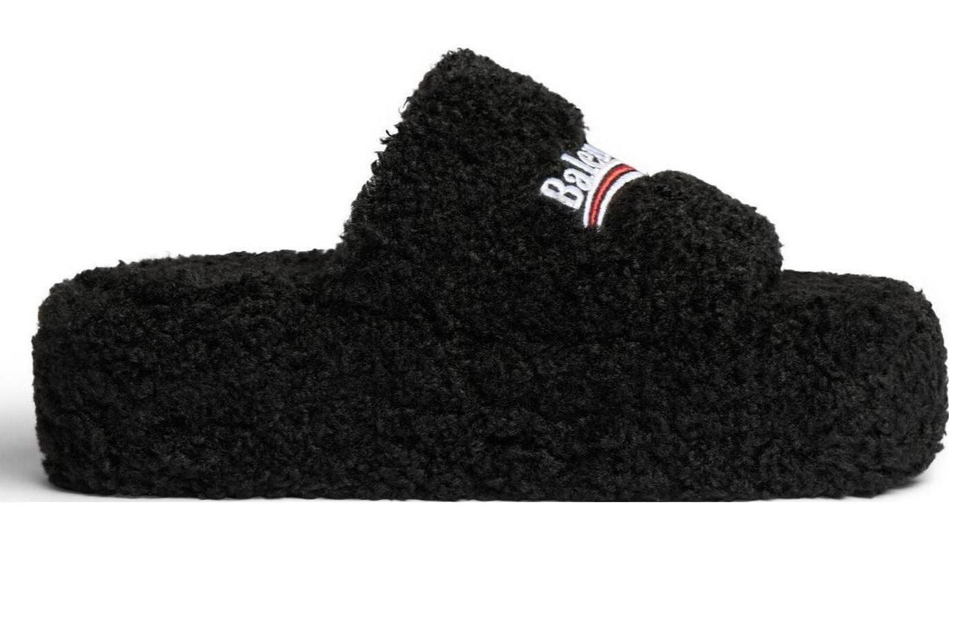 (WMNS) Balenciaga Furry Platform Sandals 'Black Fake Shearling White and Red Political Campaign Embr - 2