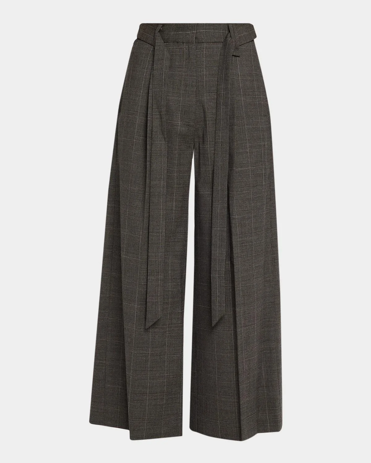 Prince Of Wales Check Wool Wide-Leg Crop Trousers With Belt - 1
