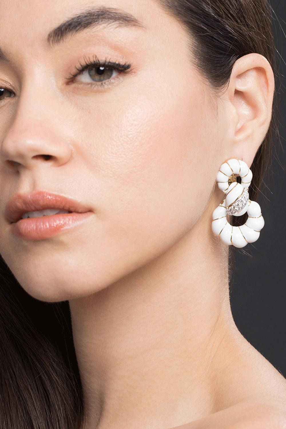 White Enamel Fancy Hoop Earrings - 2