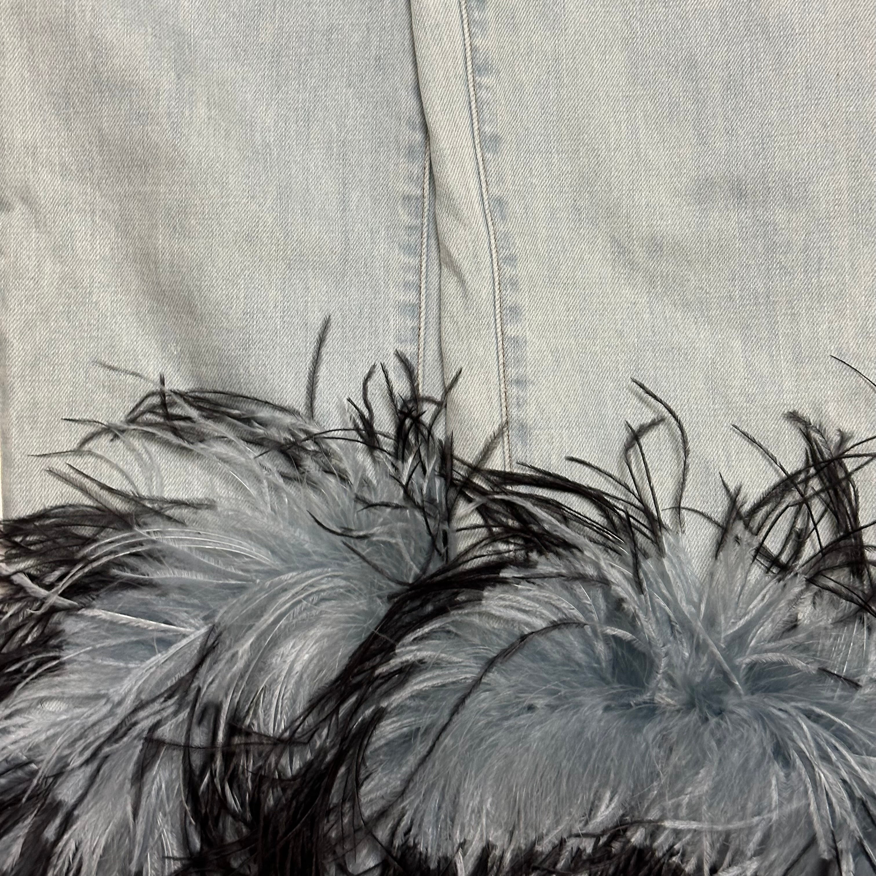 PRADA Spring Summer 2017 Ostrich Feather Trim Denim Pants - 5