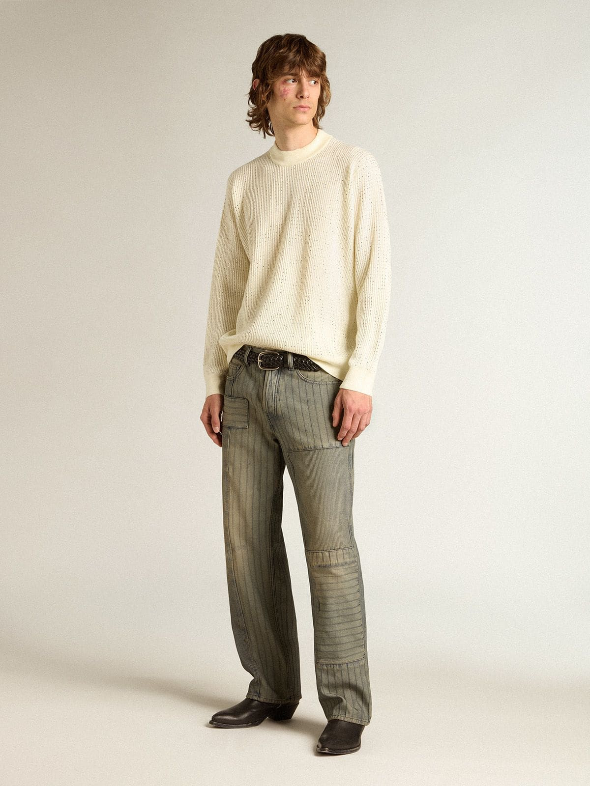 Men's crew-neck sweater in white merino wool with all-over crystals - 3