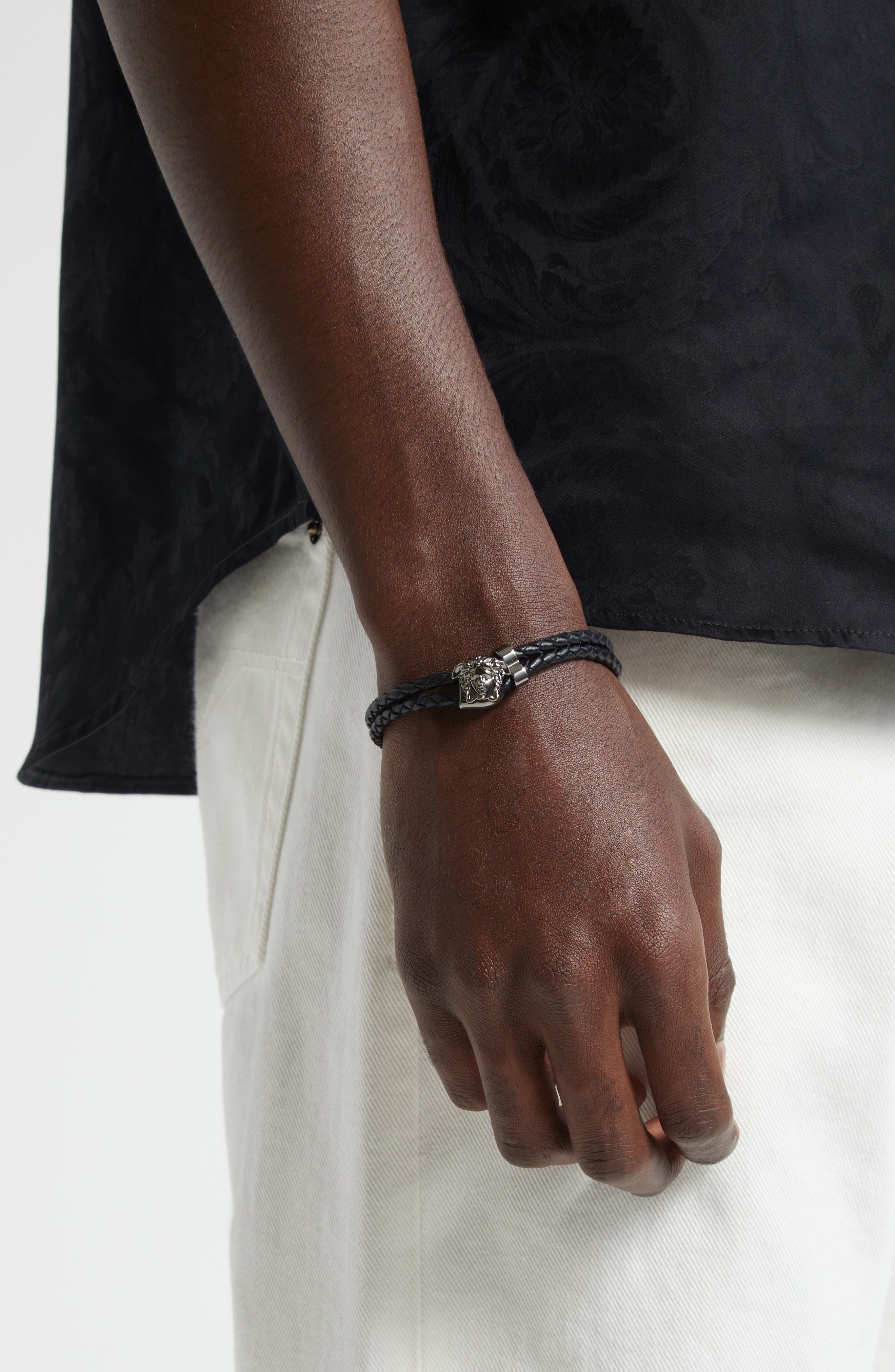 Versace Medusa Braided Leather Bracelet in Black/Silver at Nordstrom - 2