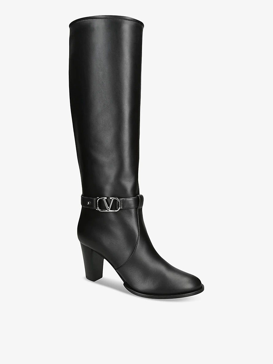 V-logo signature knee-high heeled leather boots - 2