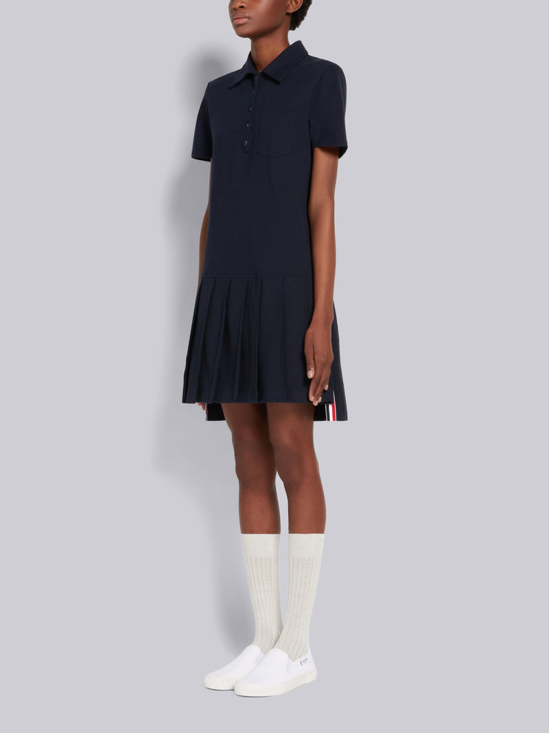 Thom Browne Navy Classic Pique Short Sleeve Knee Length Pleated Polo Dress outlook