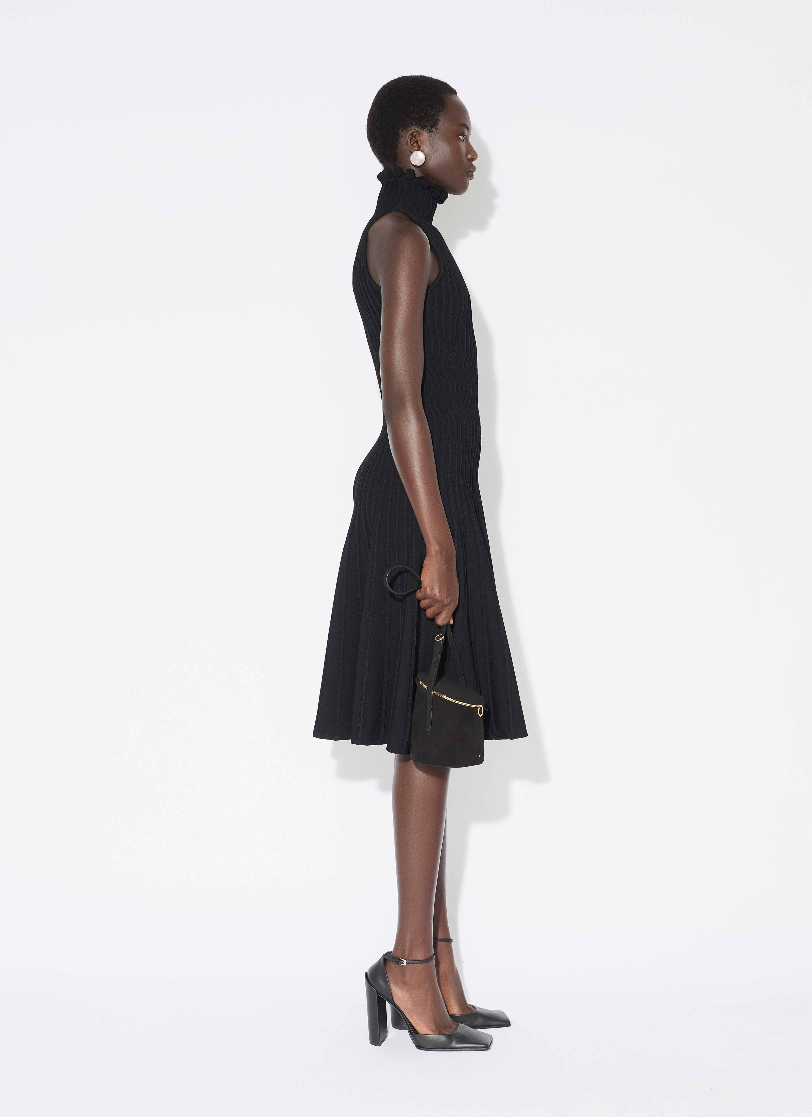 RIBBED KNIT CURLED HIGH NECK DRESS - 5
