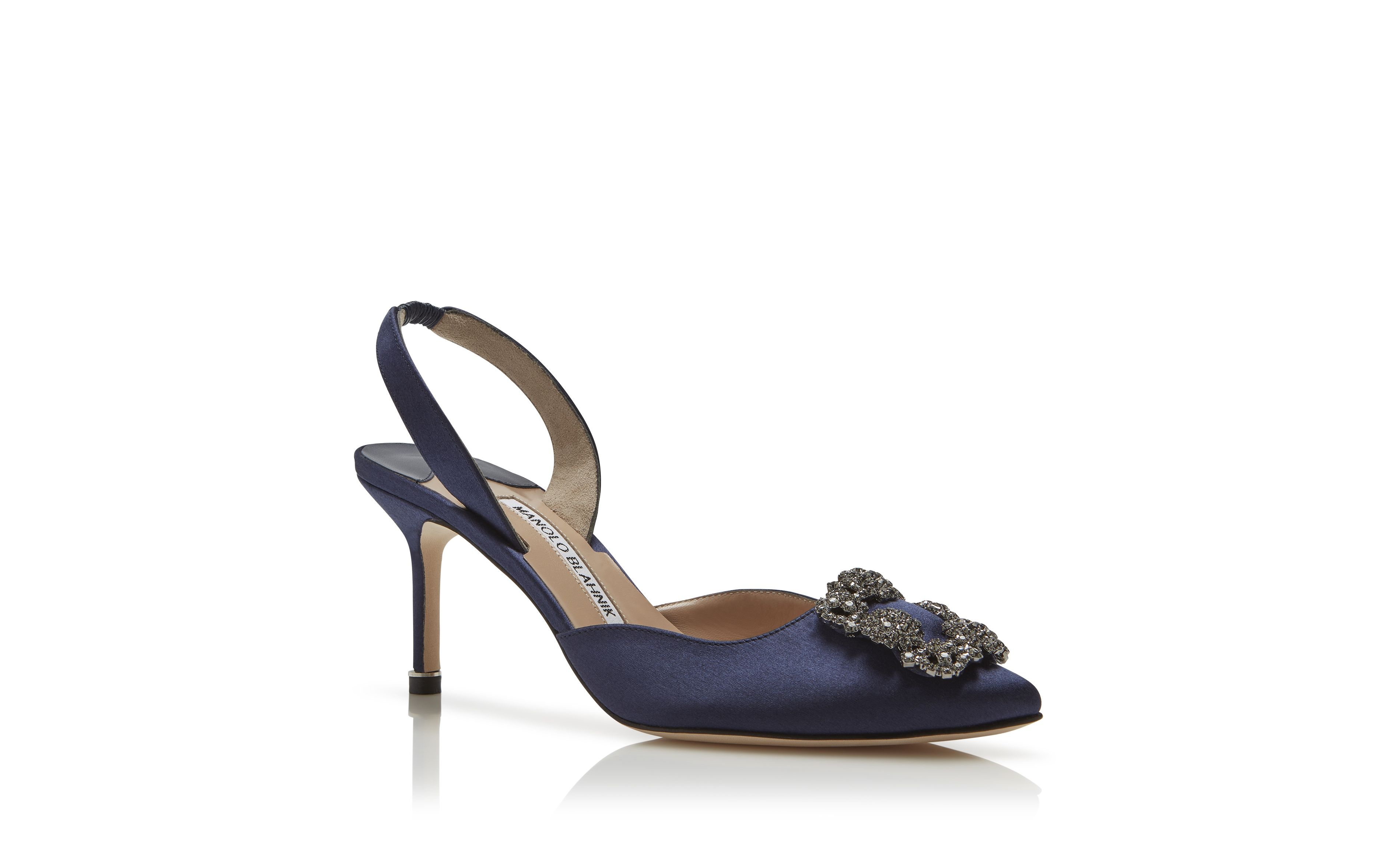 Navy Blue Satin Jewel Buckle Slingback Pumps - 3