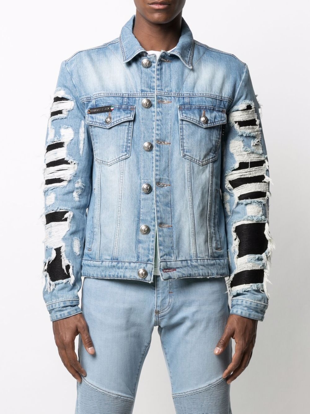 tropical-print distressed-effect denim jacket - 3