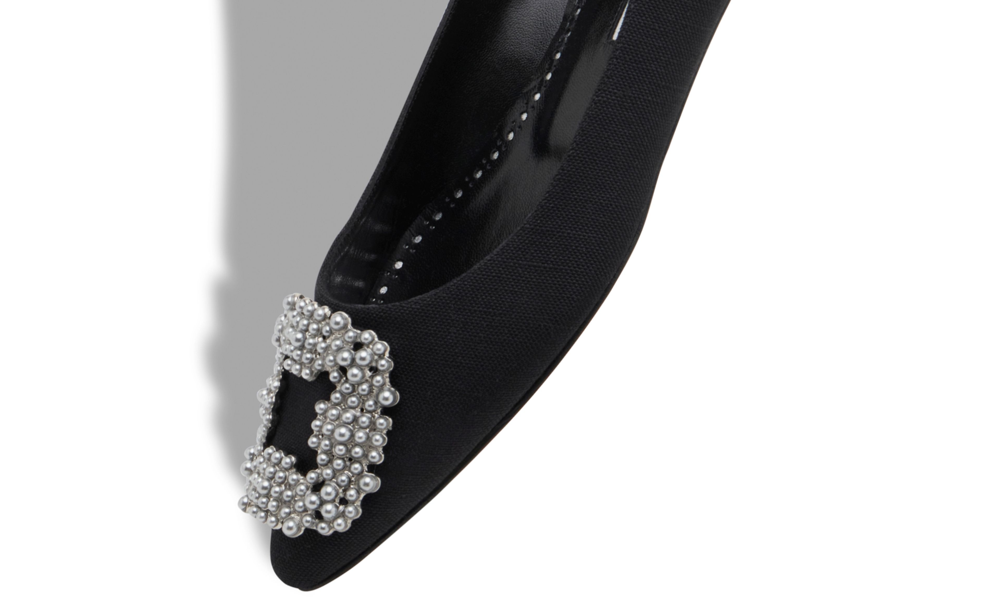 Black Linen Pearl Buckle Flat Shoes - 4