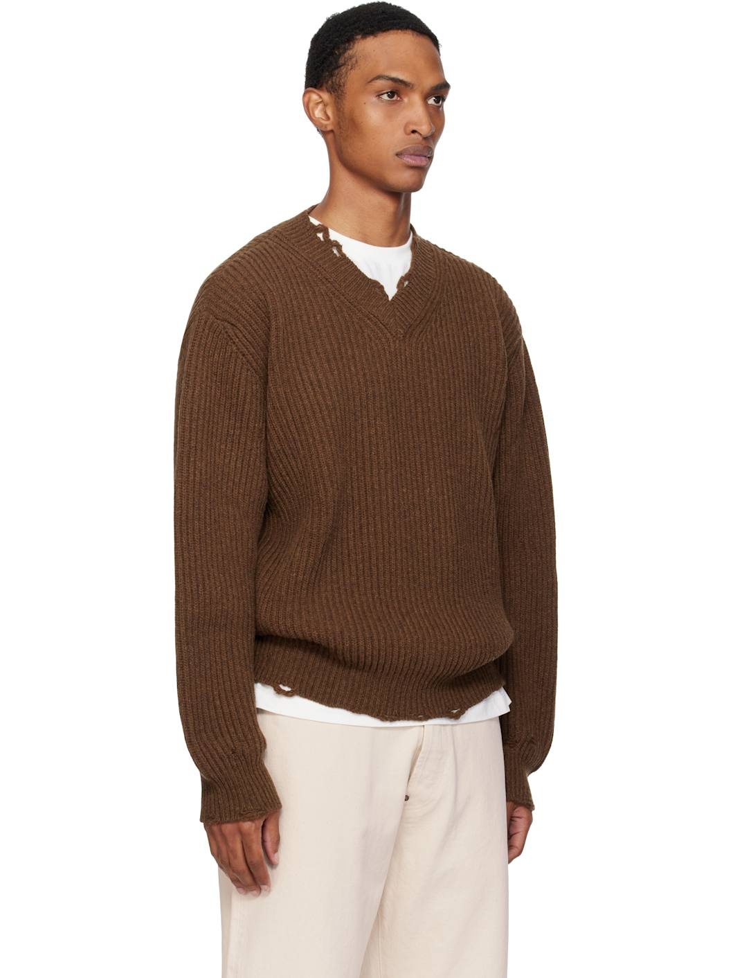 Brown Ribbed Wool Knit Sweater - 2
