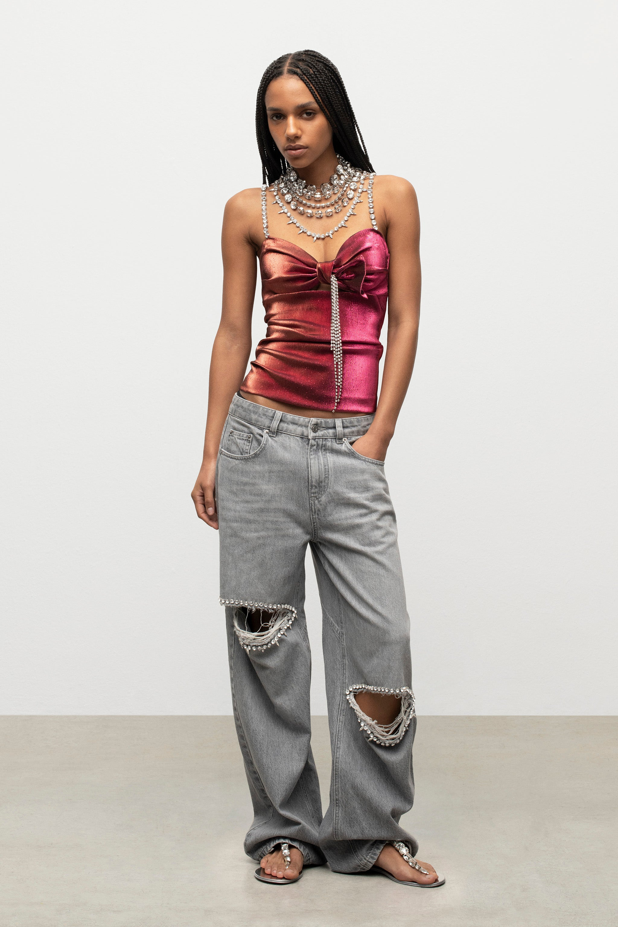 CRYSTAL EMBELLISHED STRETCH LAME CUTOUT TOP - 3