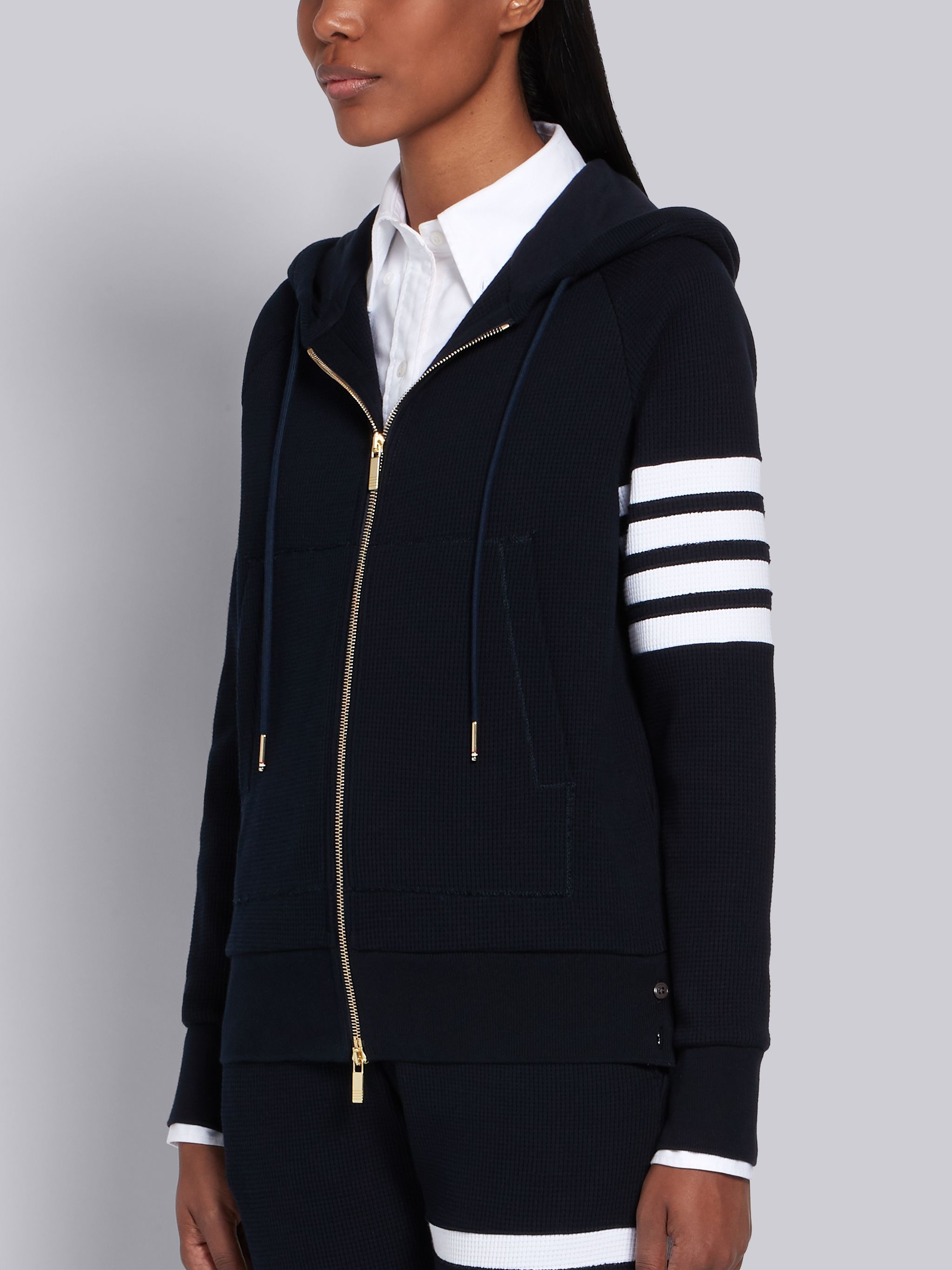 Navy Waffle Zip-Up 4-Bar Hoodie - 2