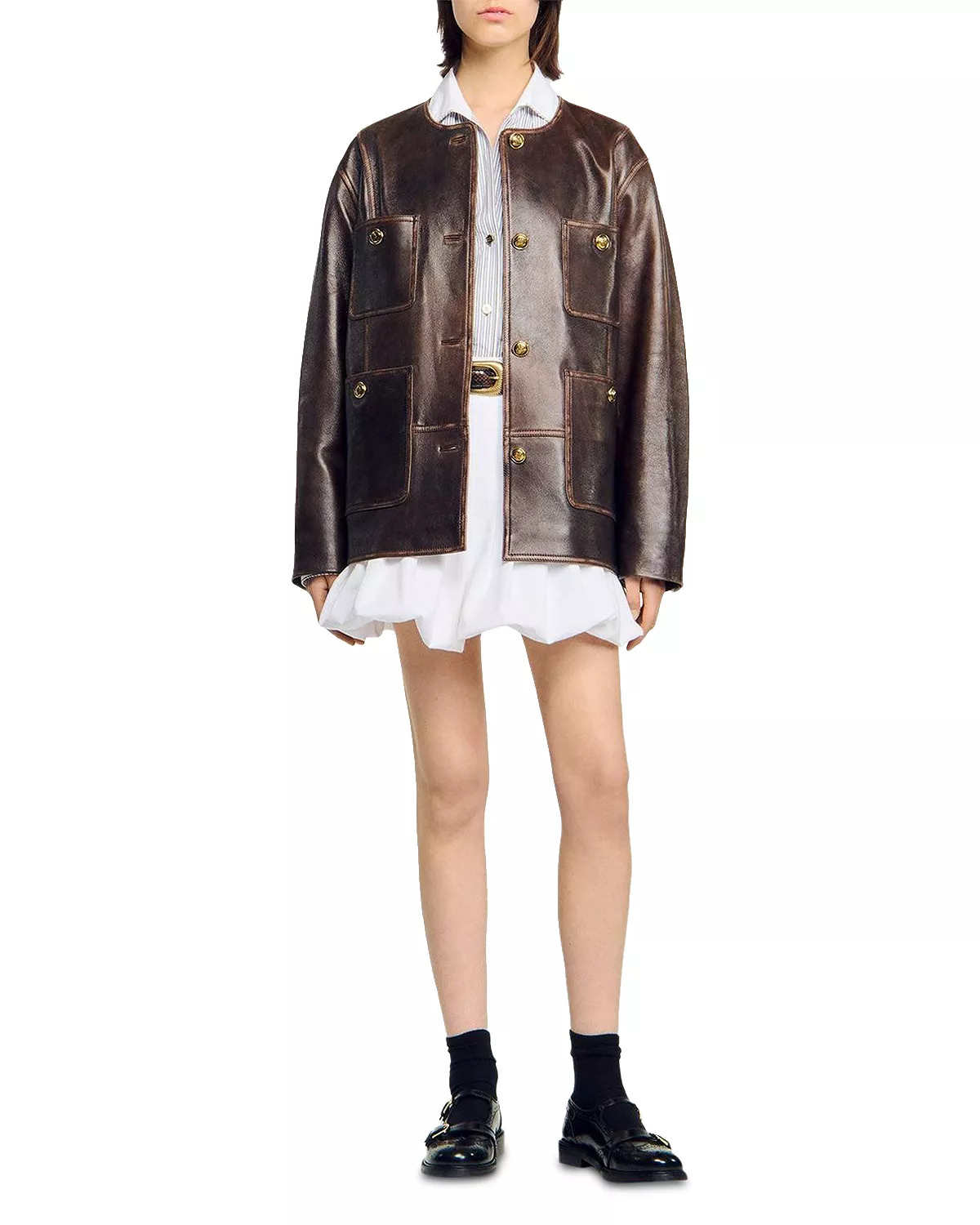 Long Distressed Leather Jacket - 6
