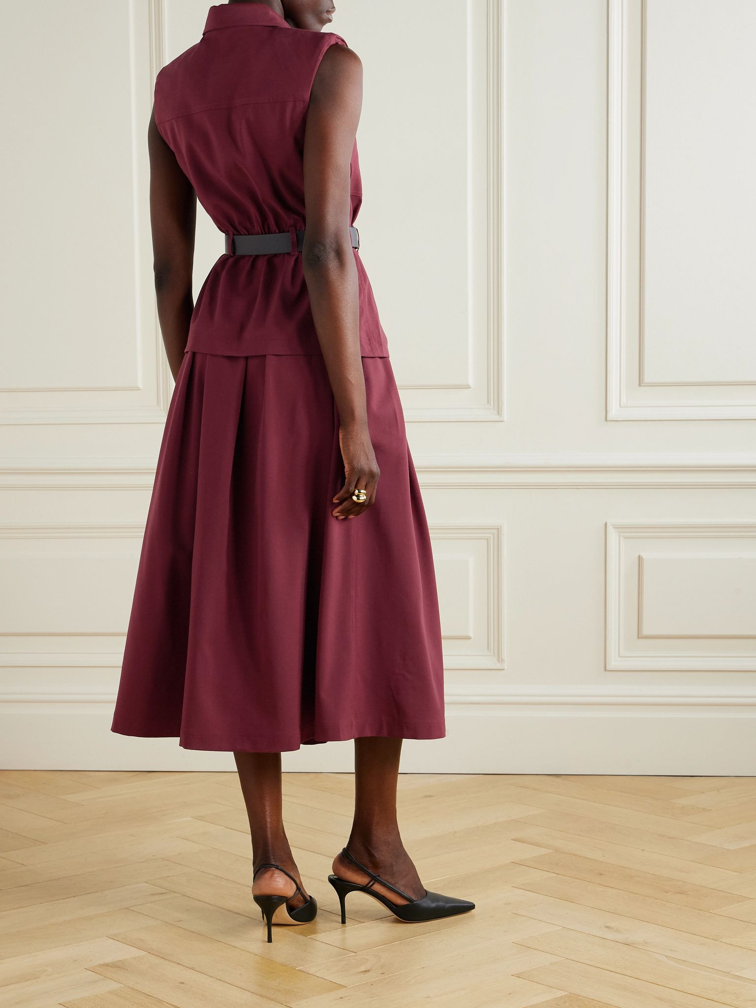 Belted layered pleated twill midi dress Burgundy - 3
