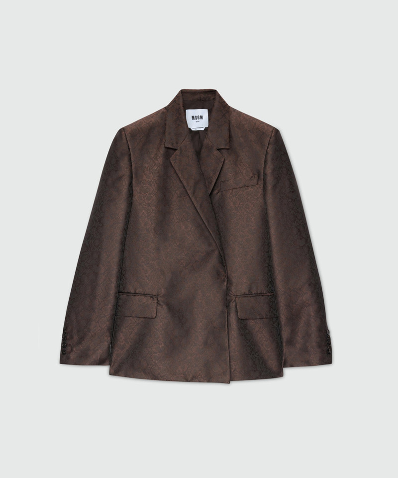 Brown double-breasted jacquard jacket with python print. 1