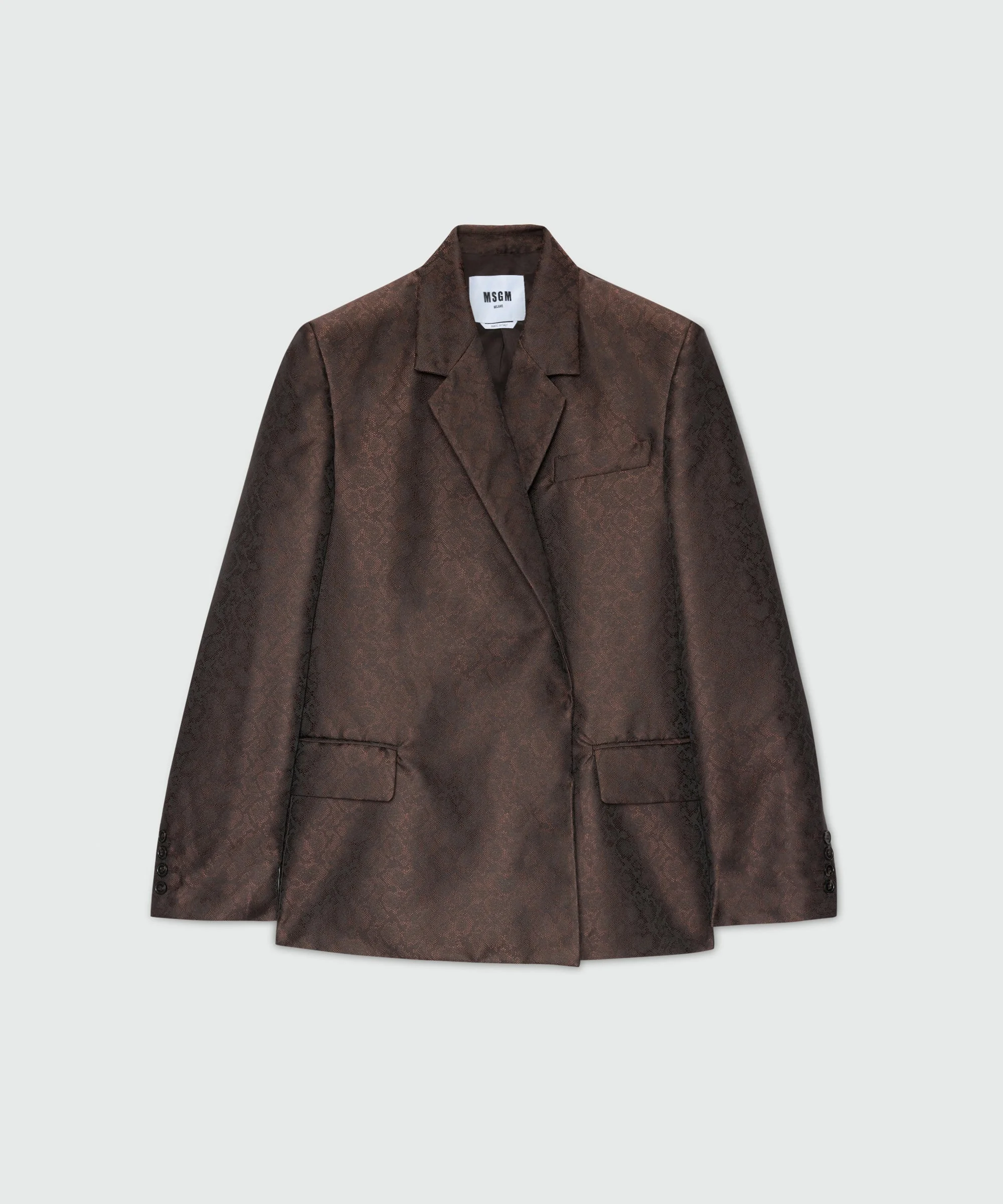 Brown double-breasted jacquard jacket with python print. - 1