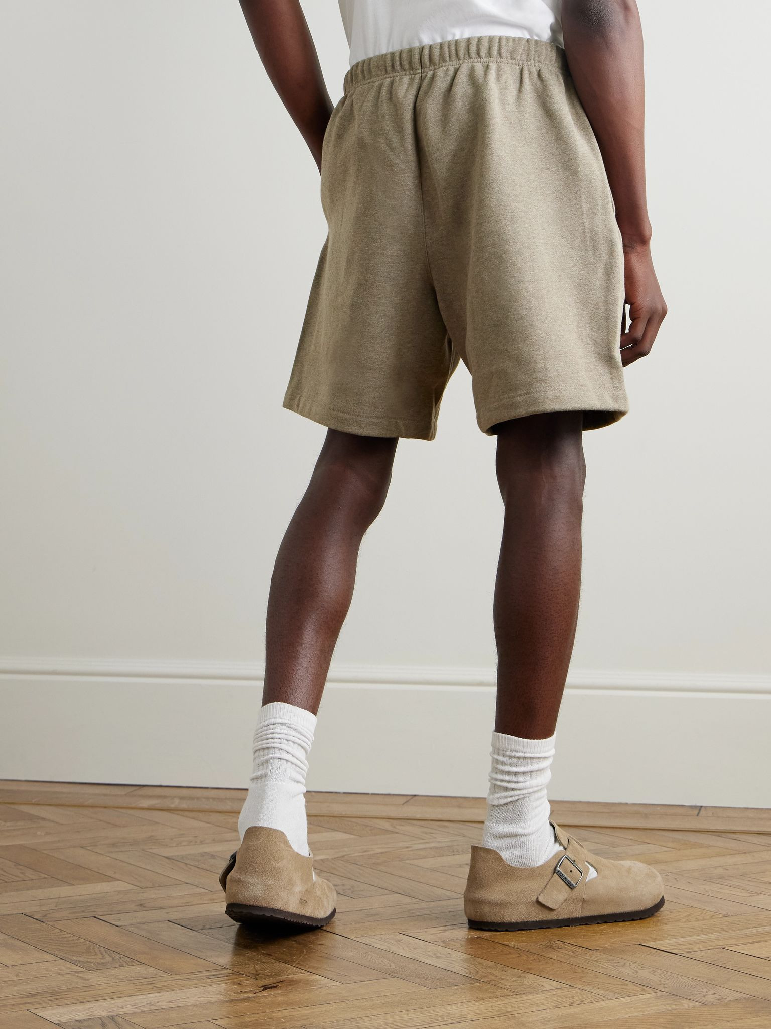 Wide-Leg Logo-Appliquéd Cotton-Blend Jersey Drawstring Shorts Taupe - 4