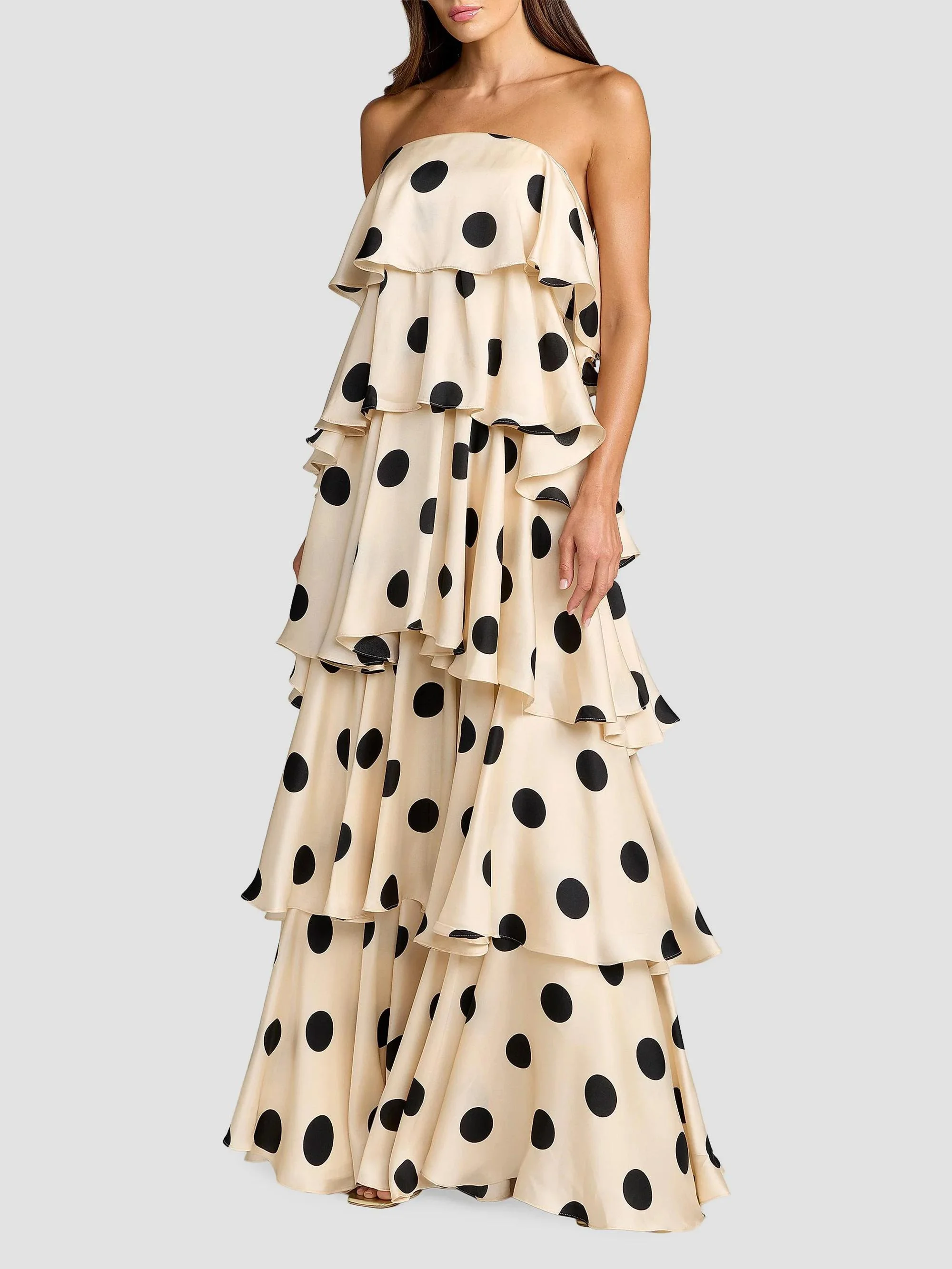 Women's Ruffled Tiered Polka Dot Charmeuse Gown - Cream Black - 1
