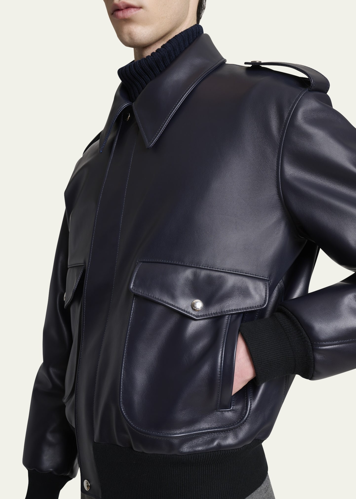 Men's Leather Concealed-Zip Bomber Jacket - 5
