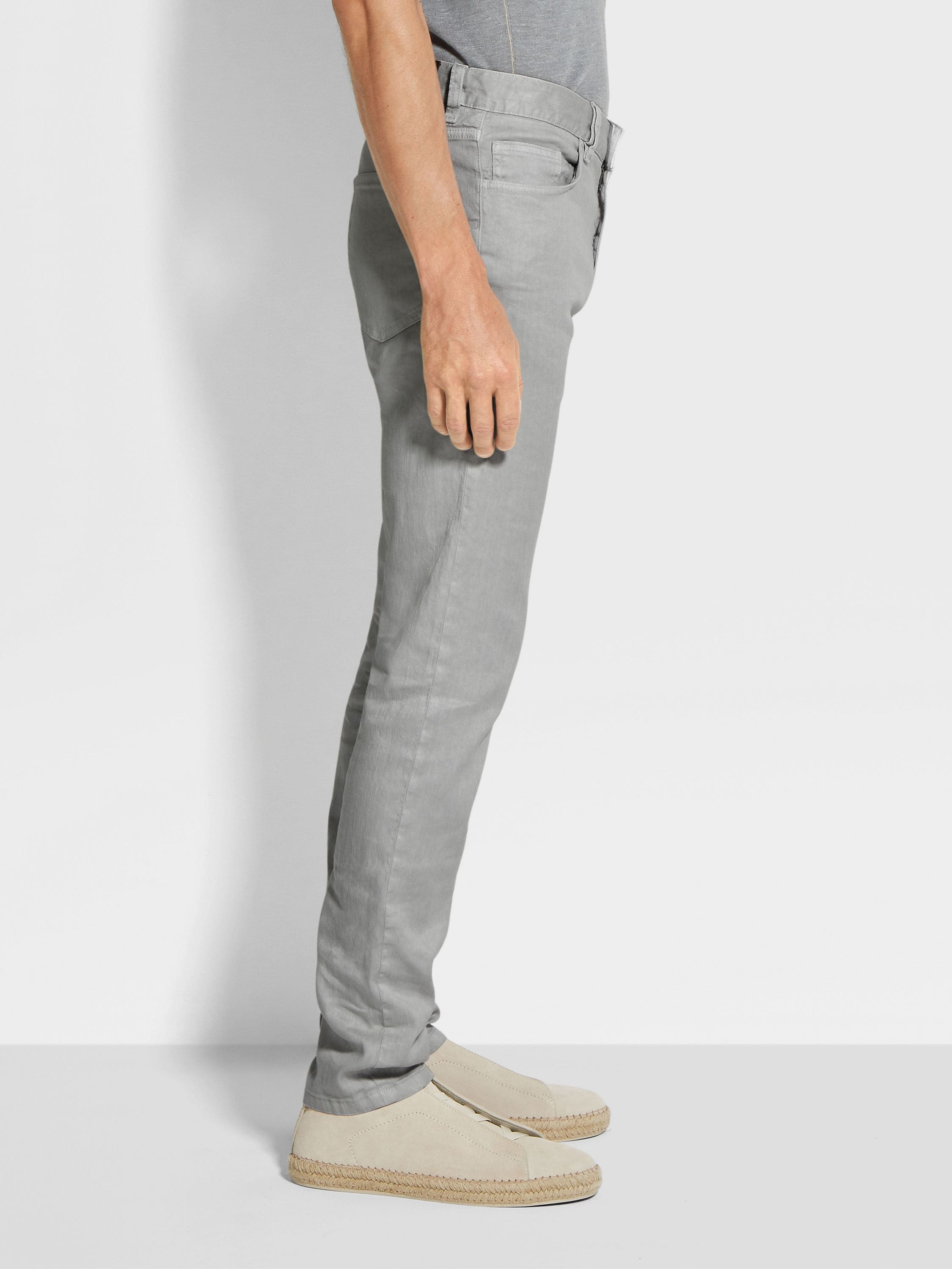 LIGHT GREY STRETCH LINEN AND COTTON ROCCIA JEANS - 3