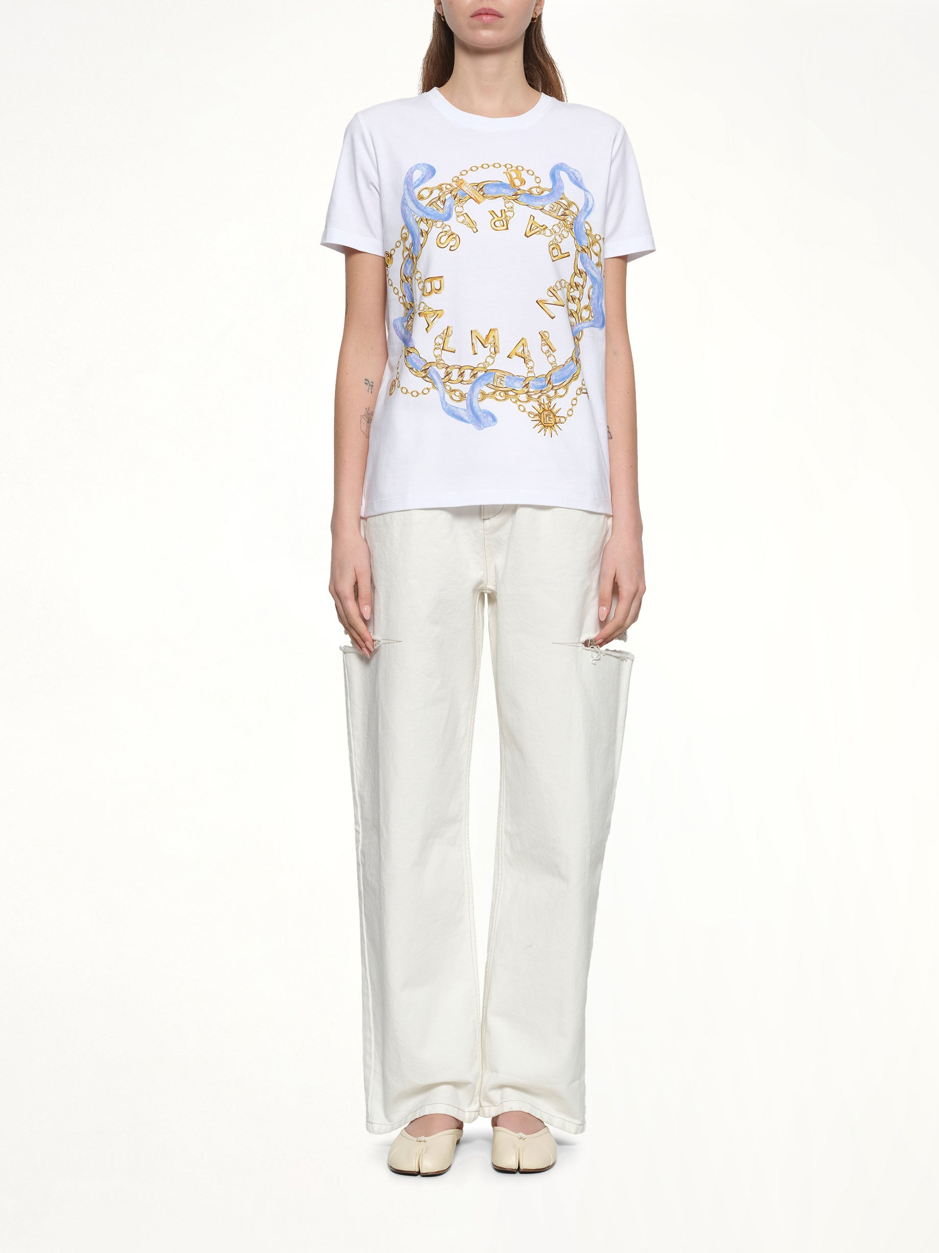 Balmain Paris Chain T-Shirt in White/Blue/Gold - 7