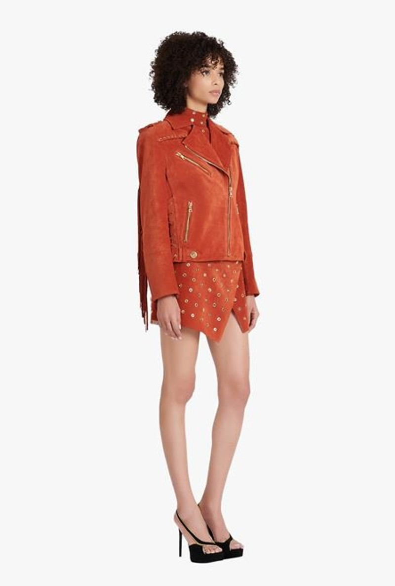 Balmain x Netflix -Terracotta and golden suede biker jacket 7