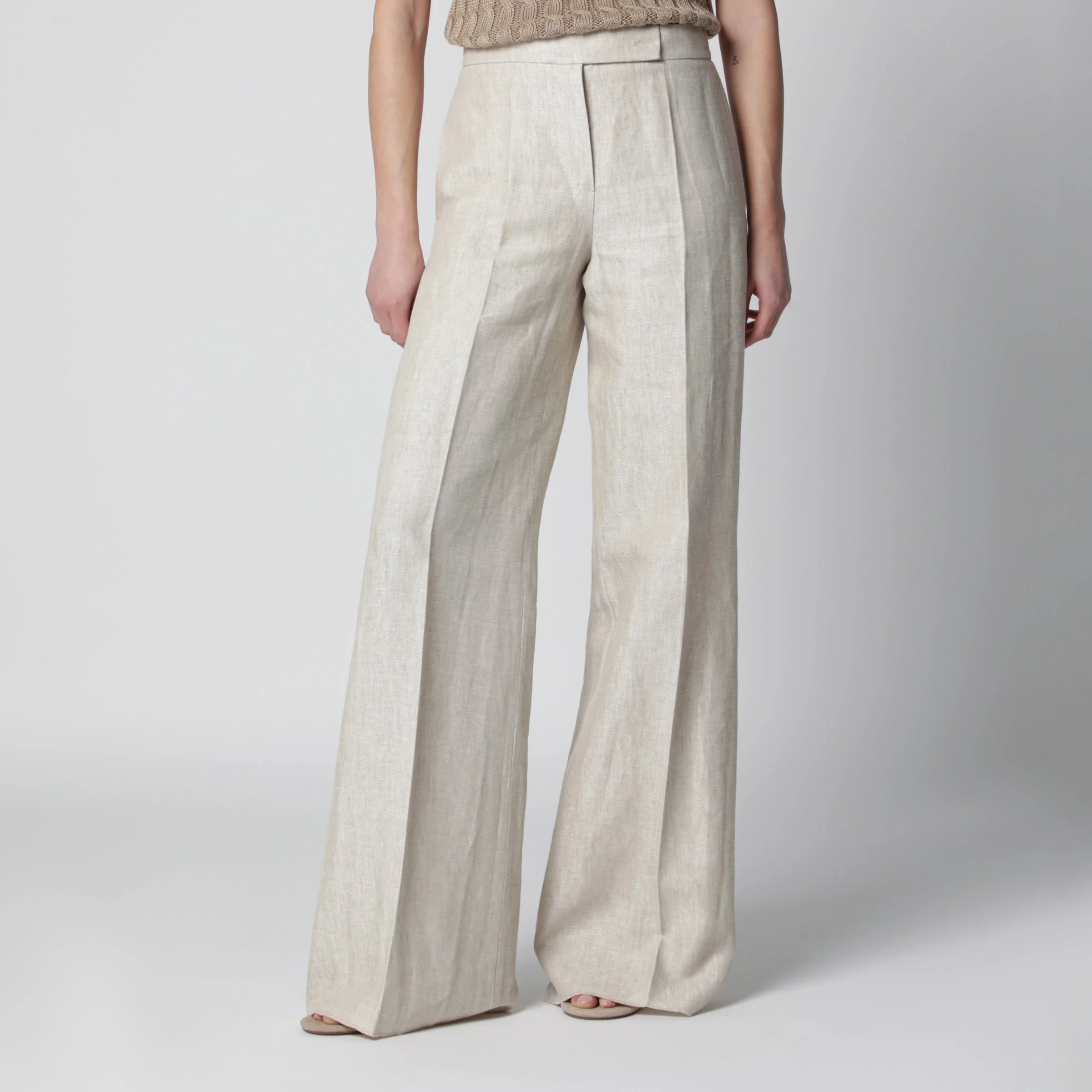 Wide-leg trousers in brown/grey linen drill - 1
