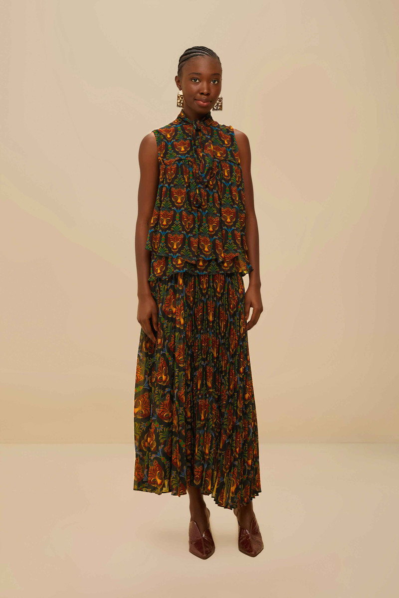 Black Boho Panther Pleated Maxi Skirt 1