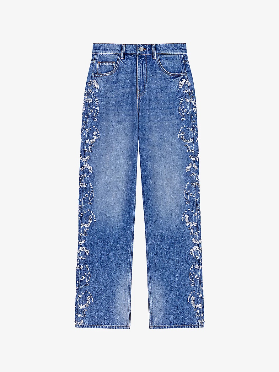 Sequin-embroidered wide-leg high-rise denim jeans - 1