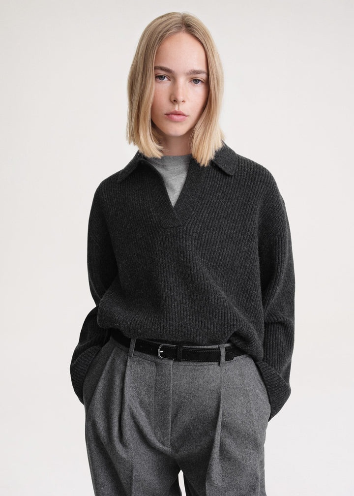 Ribbed polo knit charcoal mélange - 5