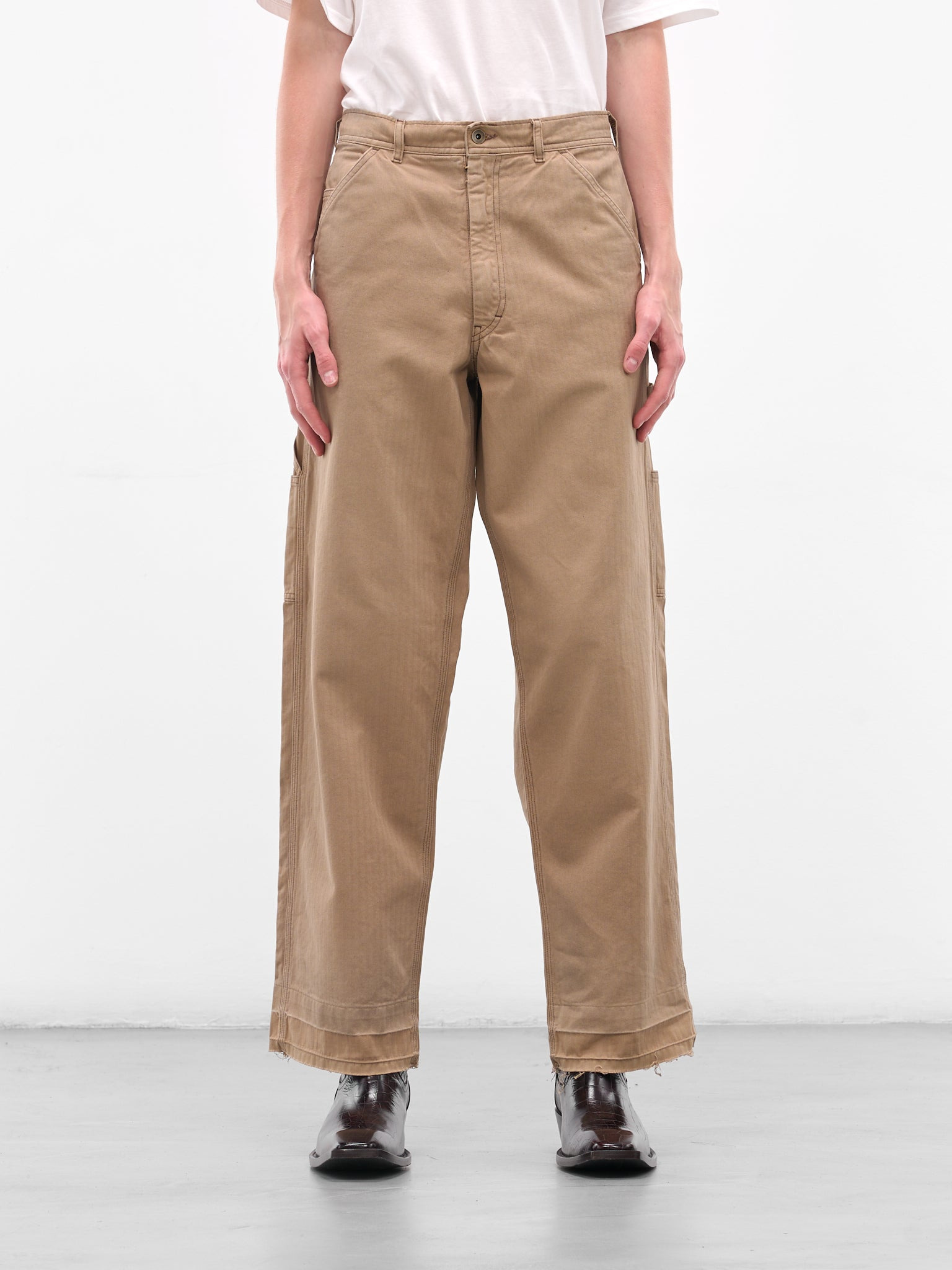 Beige Raw Hem Carpenter's Pants - 1