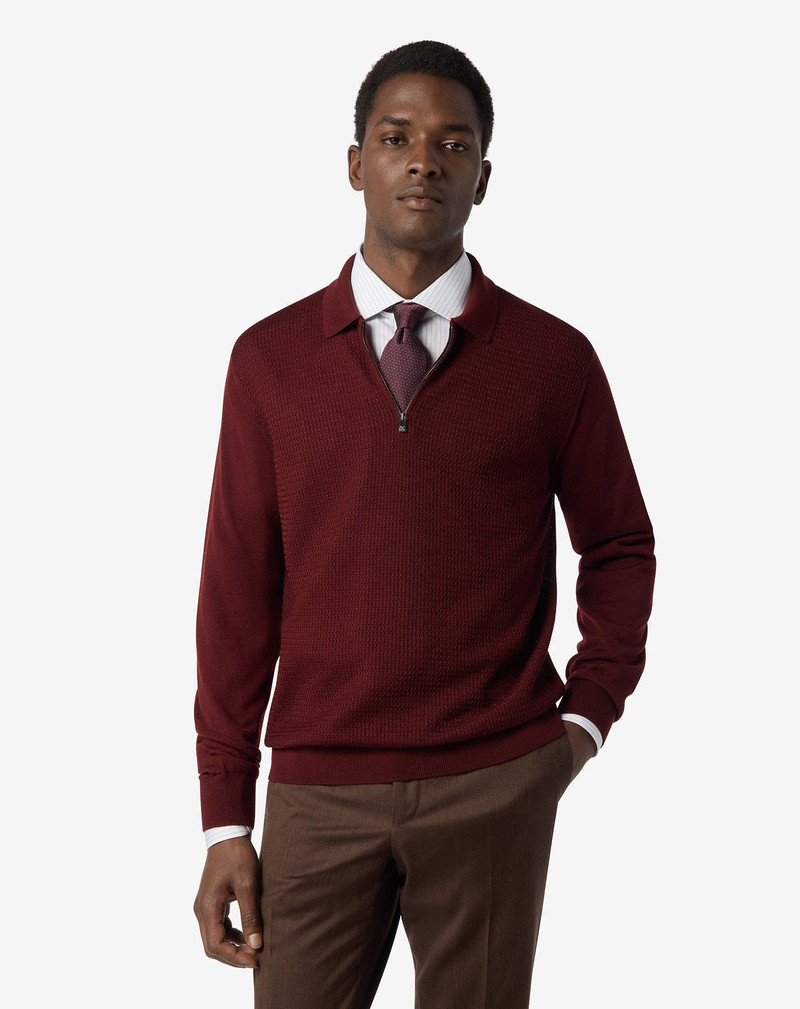 CORNELIANI Burgundy zip-up extra fine wool polo shirt outlook