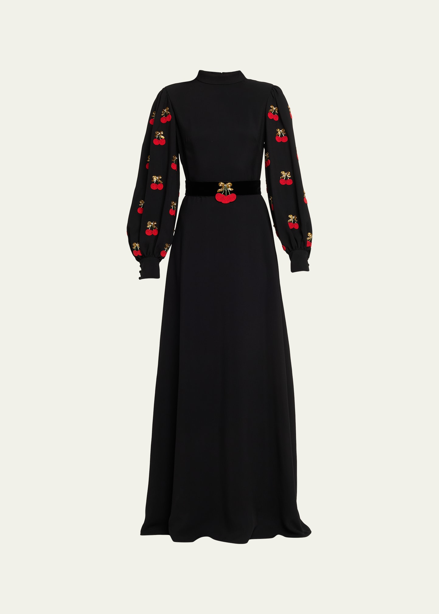 Cherry Embroidered Belted Puff-Sleeve Gown - 1