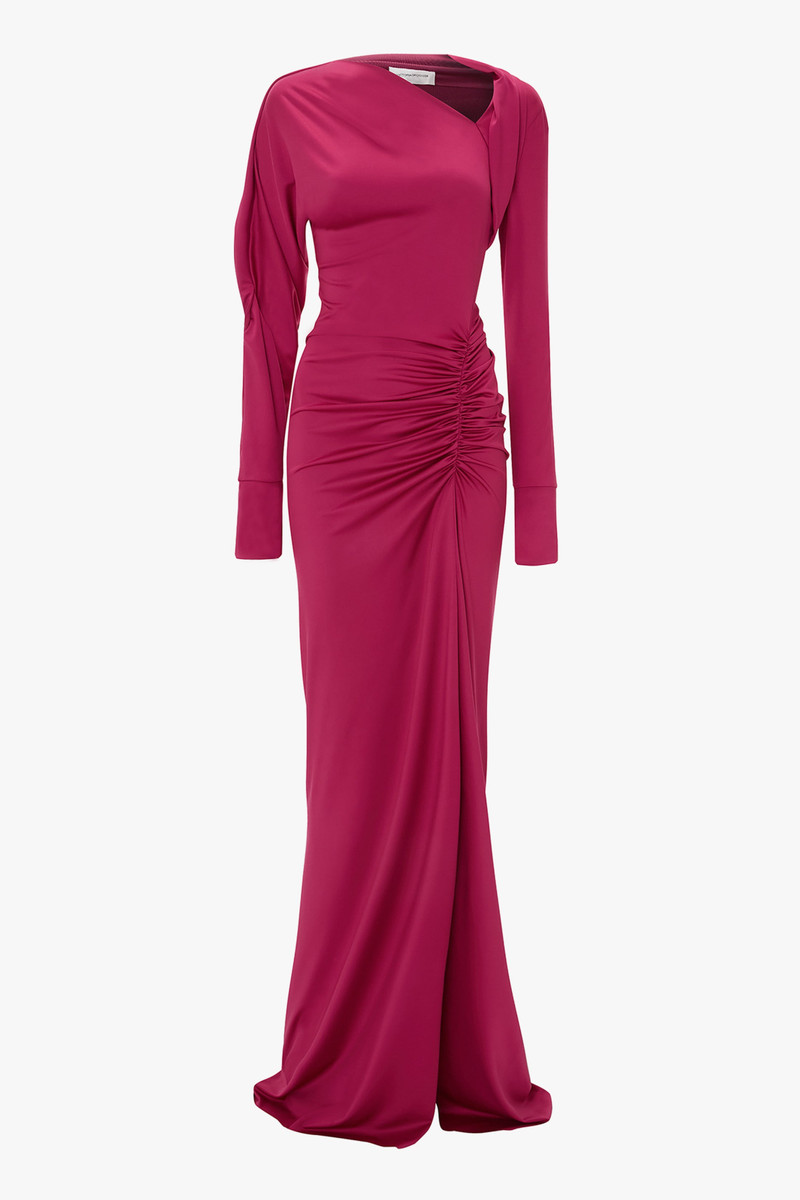 Long Sleeve Slash-Neck Gown In Cherry - 1