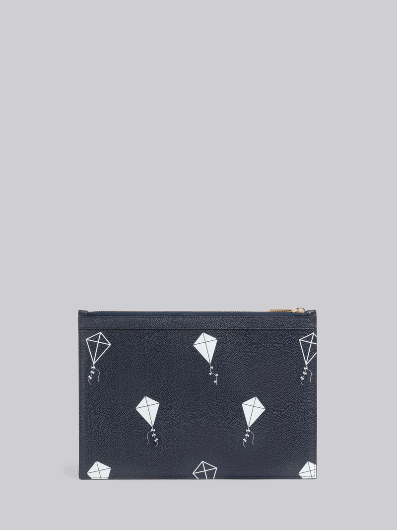 Navy Pebble Grain Leather 3d Kite Half Drop Print Medium Zippered Document Holder 3