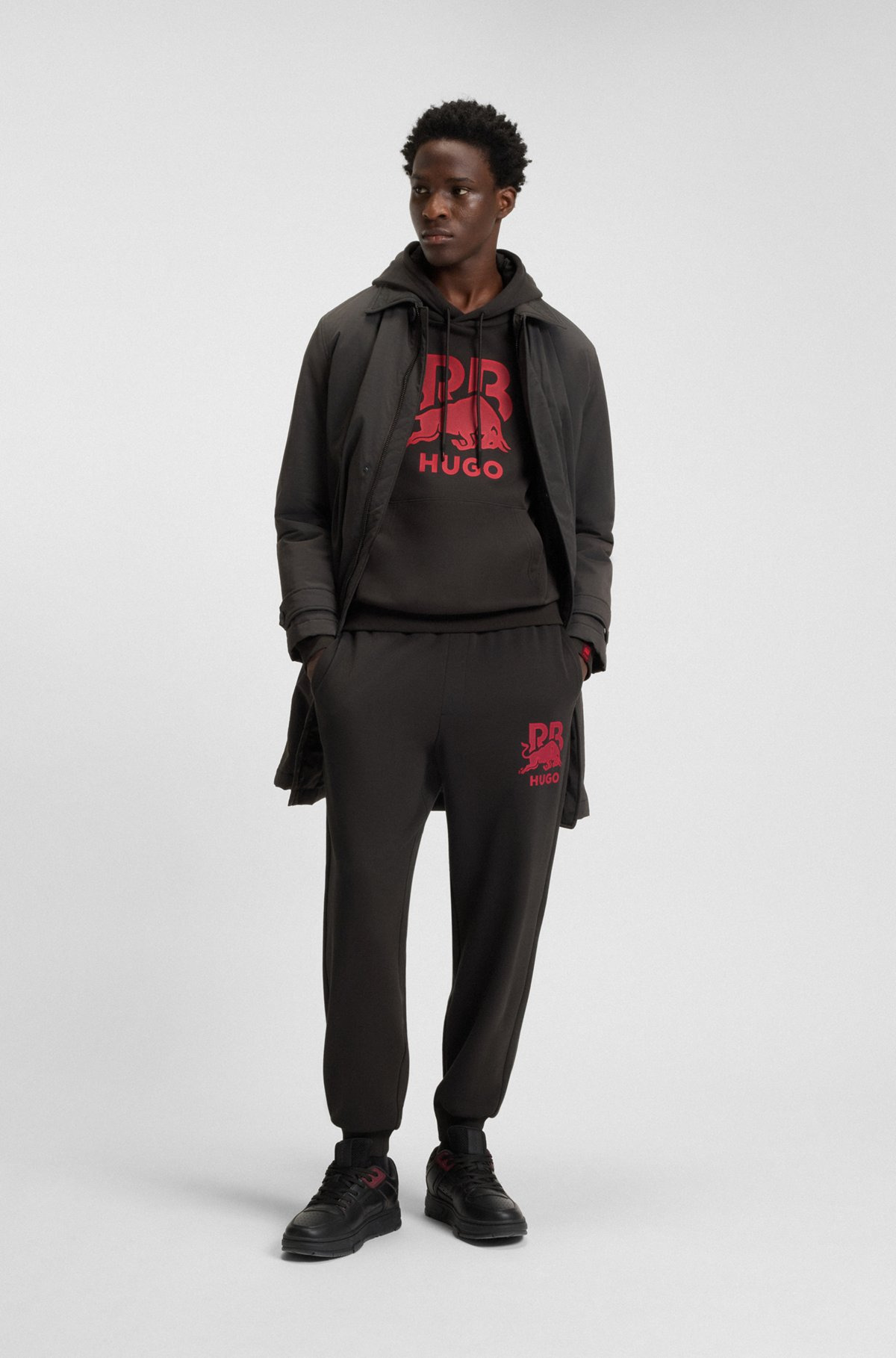 HUGO X RB COTTON-TERRY TRACKSUIT BOTTOMS WITH BULL GRAPHIC - 4