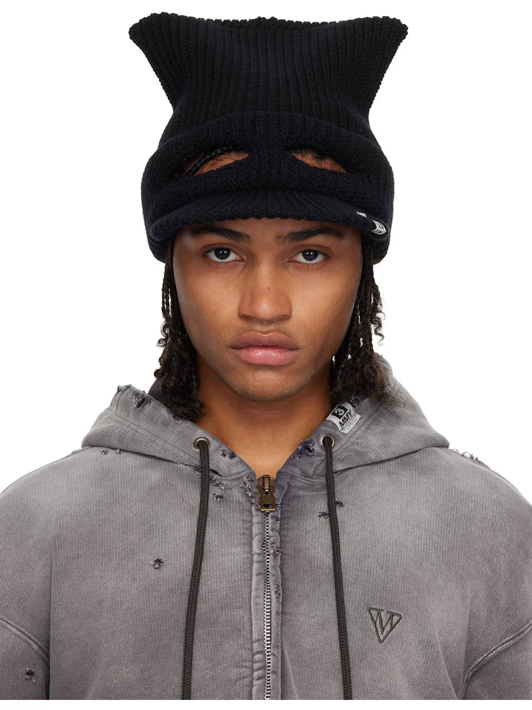 Black Masked Cat Visor Knit Cap - 1