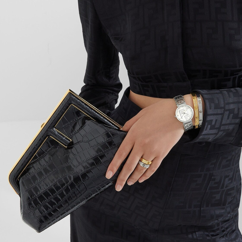 FENDI Small Fendi First bag made of exquisite black crocodile leather with a glossy finish. Oversized meta outlook