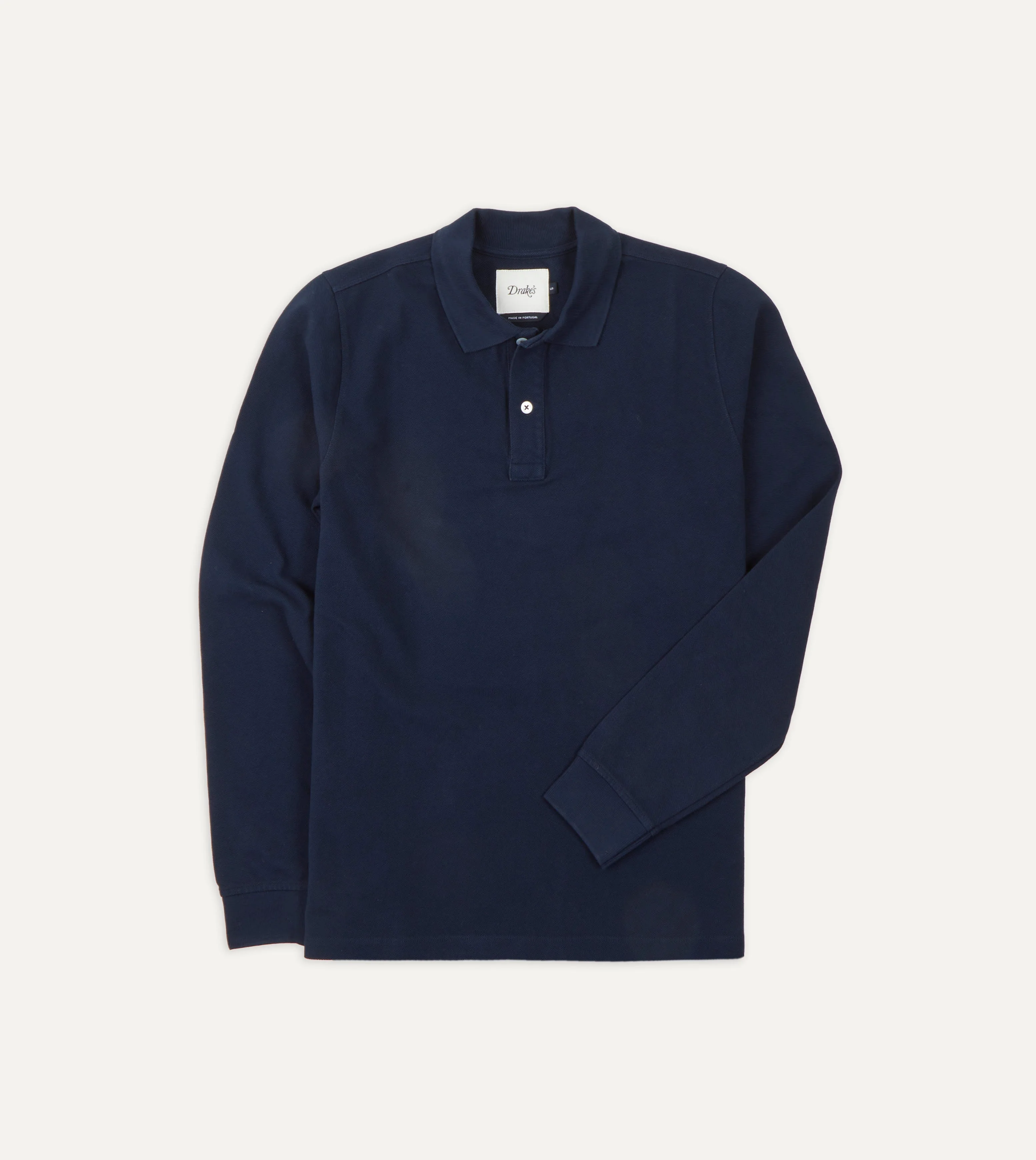 Light Navy Pique Cotton Long-Sleeve Polo Shirt - 1
