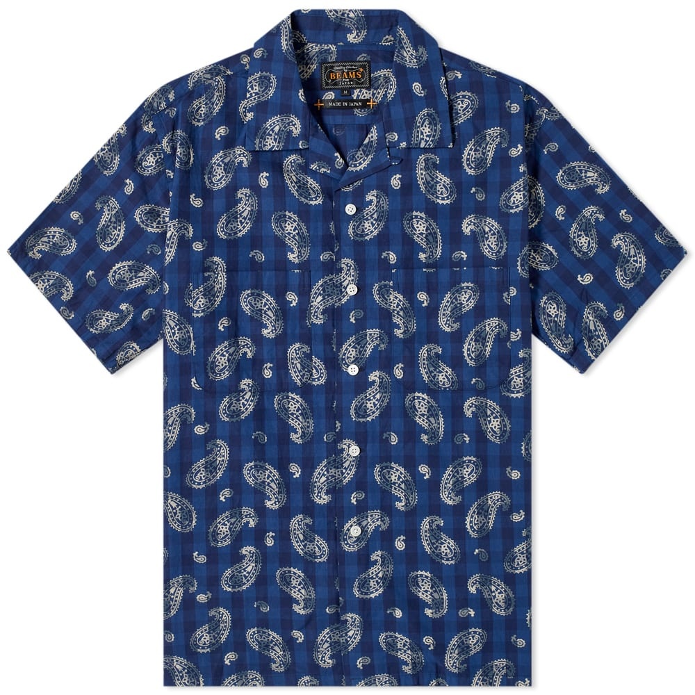 Beams Plus Short Sleeve Open Collar Indigo Vacation Print Sh - 1