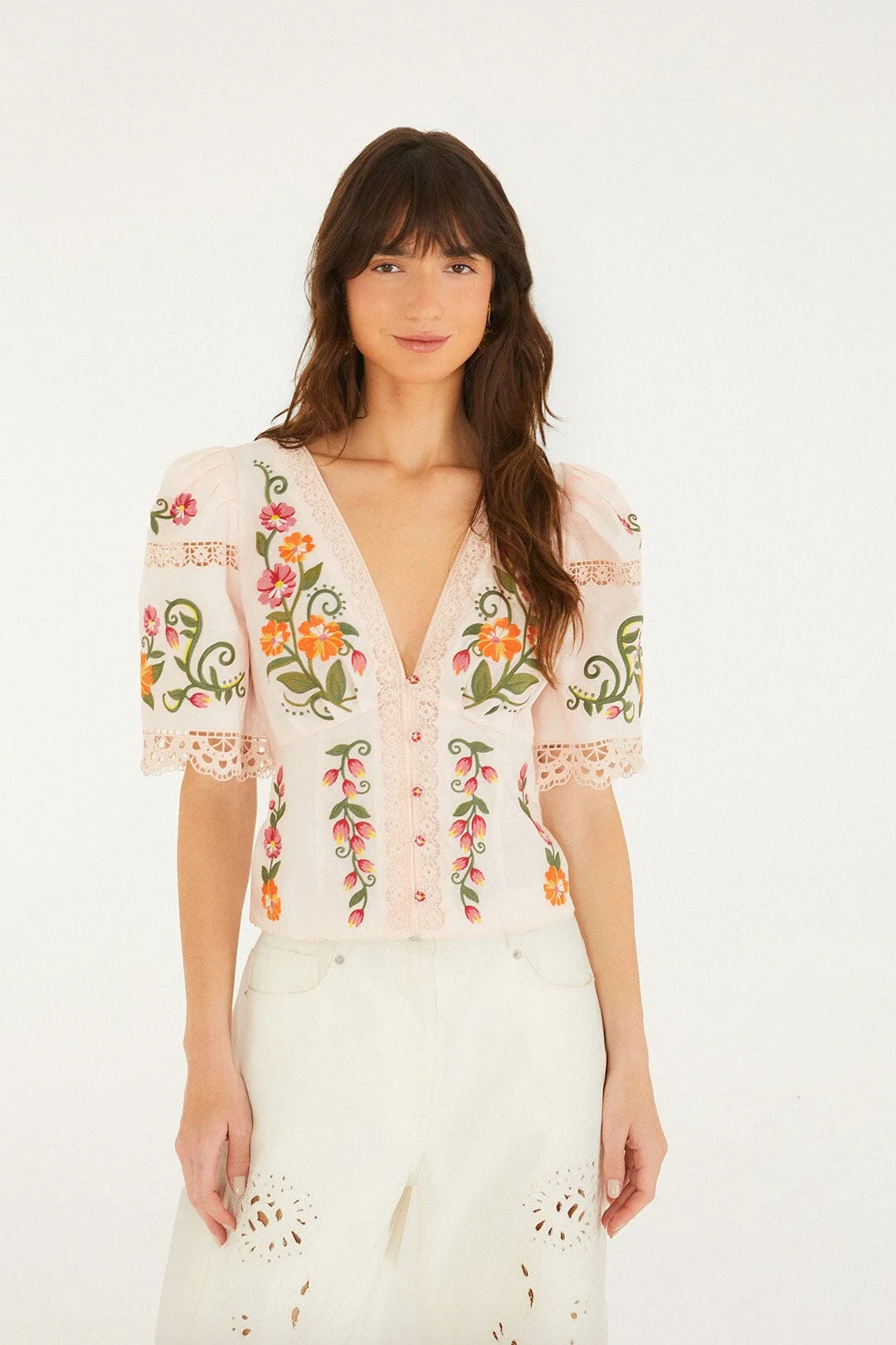 Off-White Flower Embroidery Puff Sleeve Blouse - 1