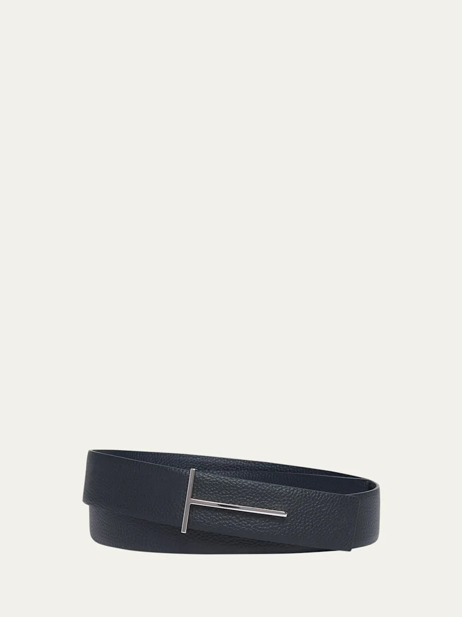 Men's Grained Leather T-Buckle Belt - 1