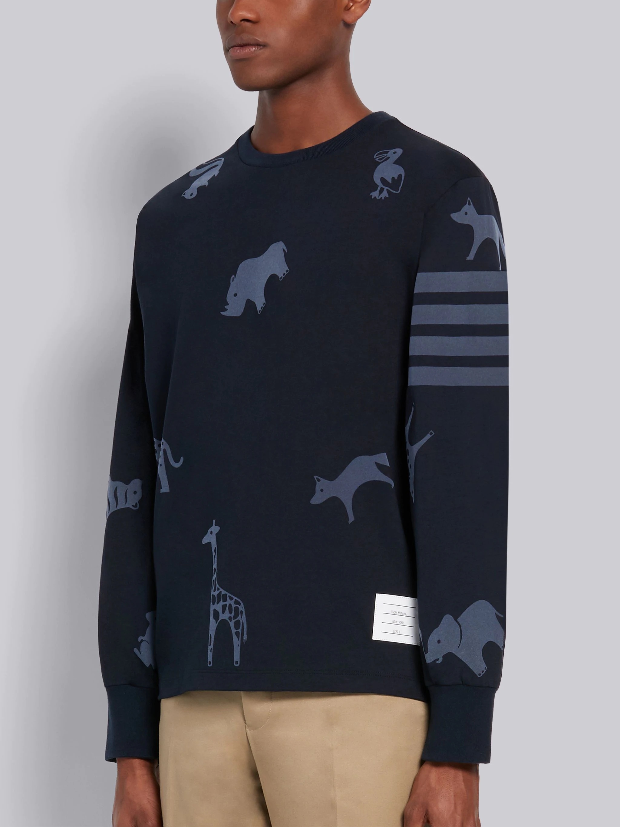 Navy Cotton Jersey Tonal Multi-Animal Icon 4-Bar Long Sleeve Tee - 2