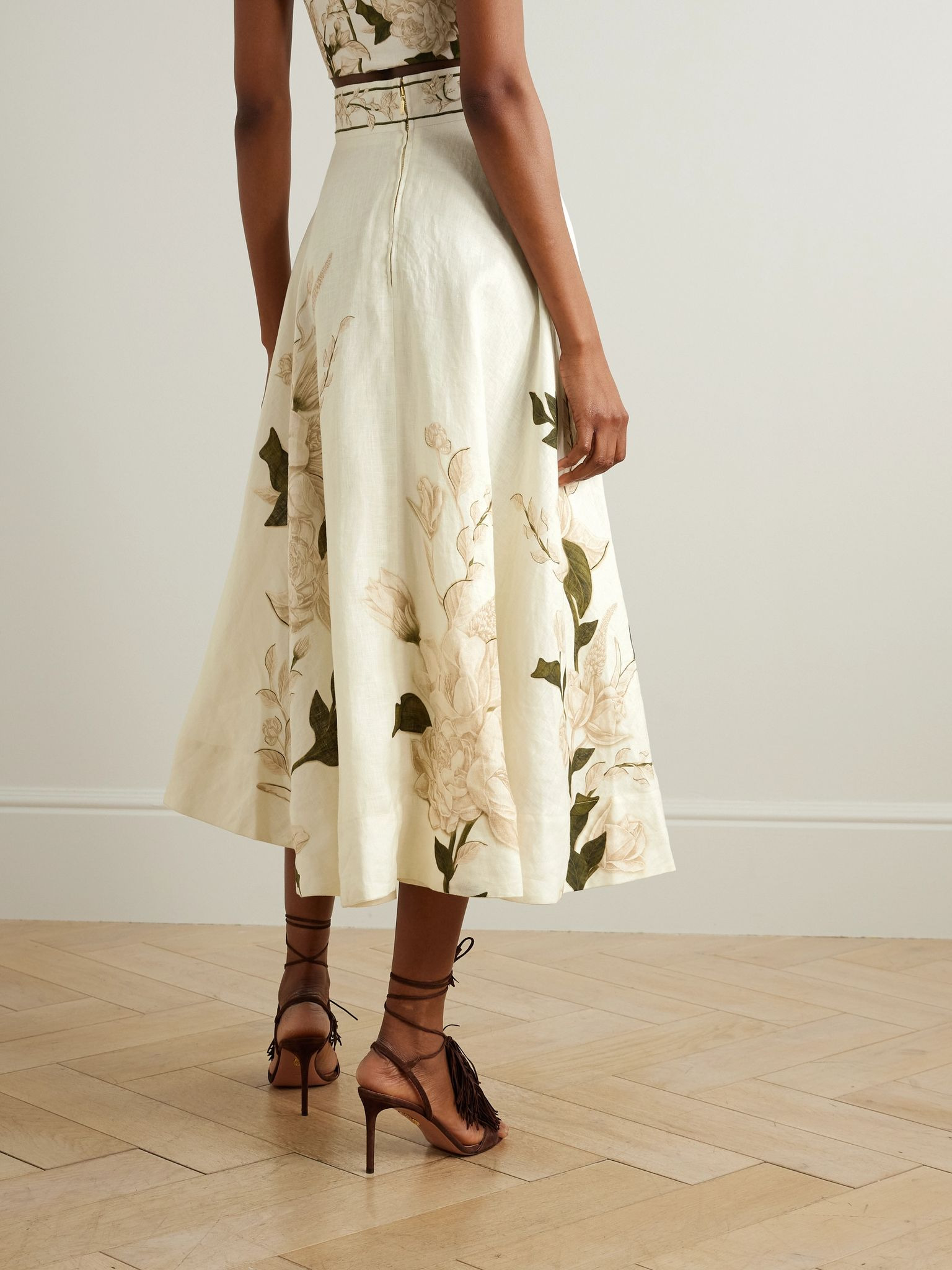 Bergamota Gardenia floral-print linen midi skirt Cream - 3