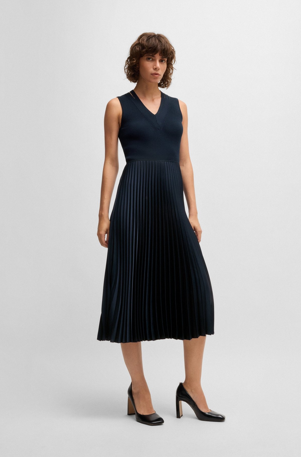 MIXED-MATERIAL DRESS WITH PLISSÉ SKIRT - 2