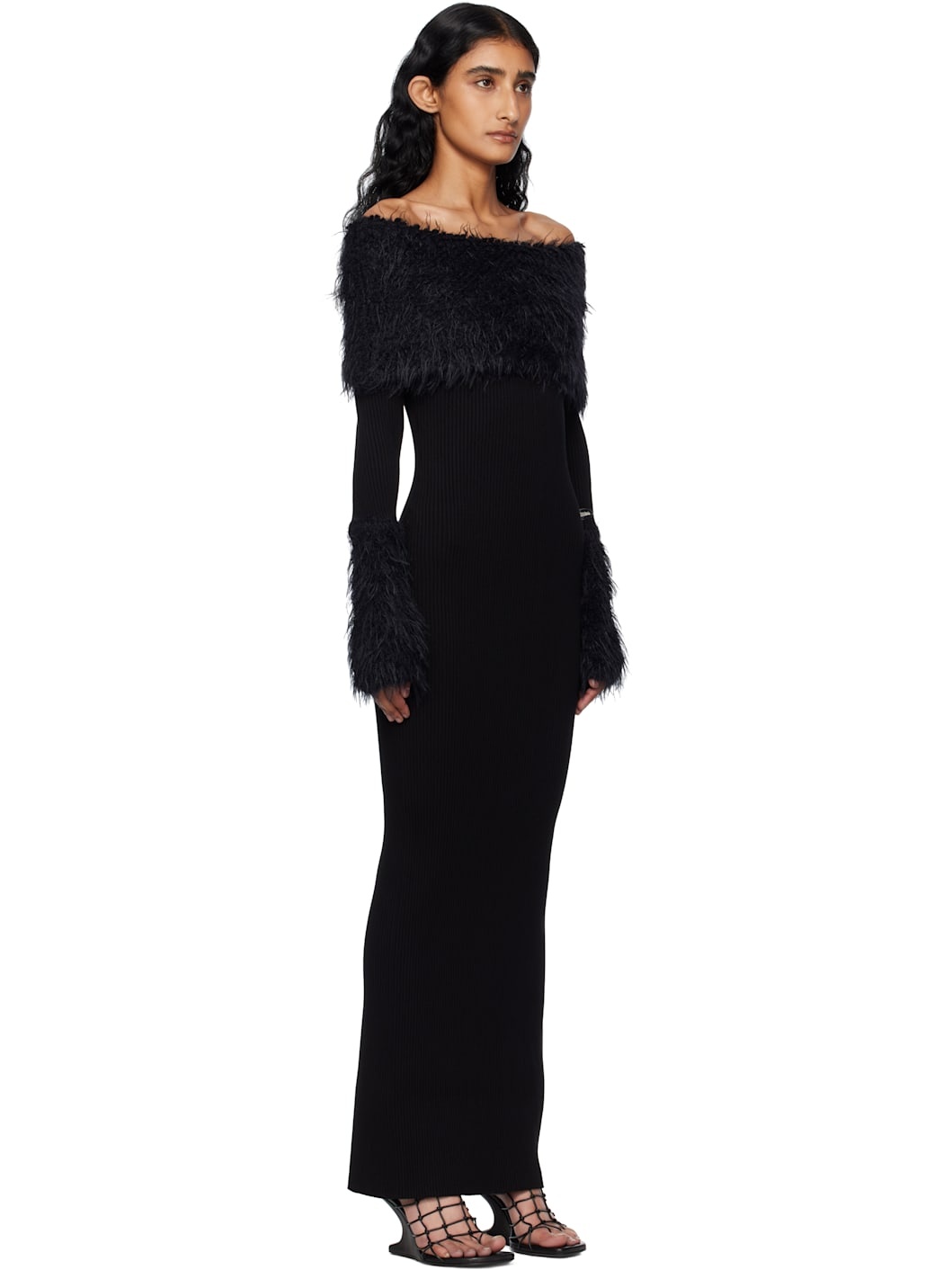 Black Viscose Ribbed & Hairy Maxi Dress - 2