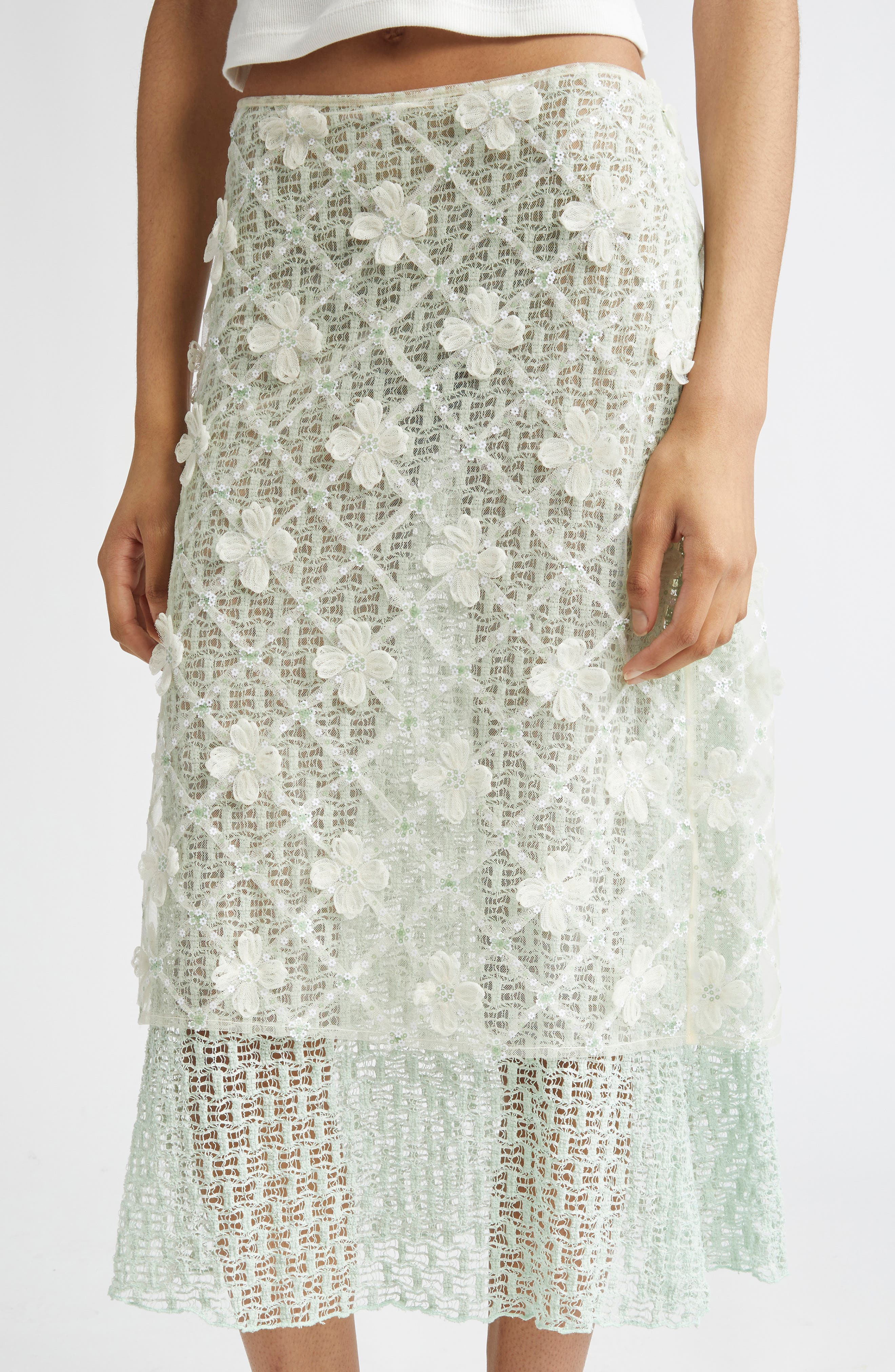Siedrés Lunies Floral Appliqué Sheer Lace Midi Skirt in Green Multi at Nordstrom - 5